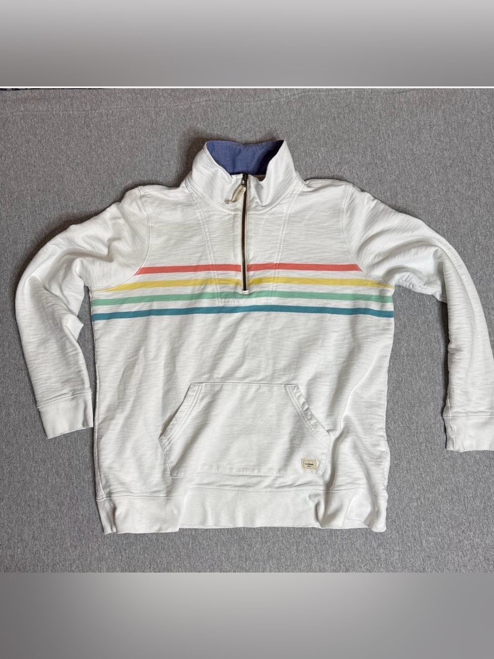 L.L. Bean White Quarter-Zip Sweater with Pastel Rainbow Stripes